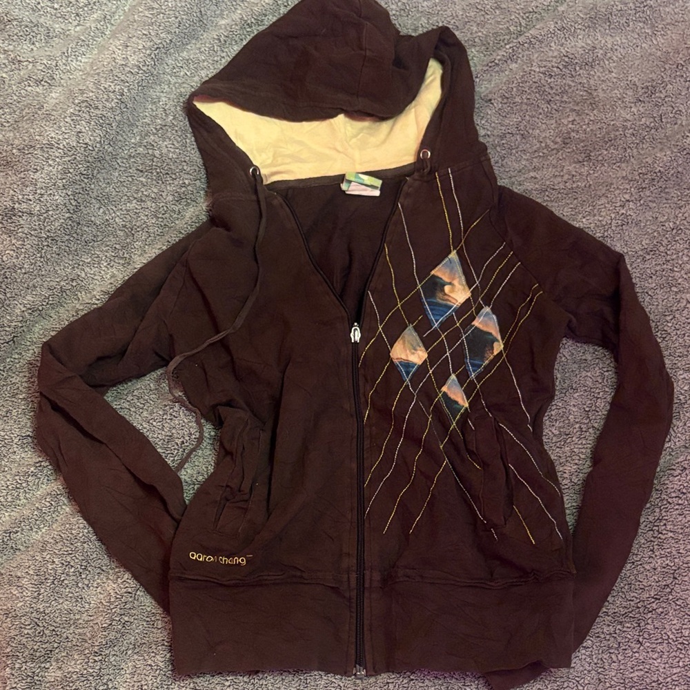 Vintage Aaron Chang Brown Hooded Jacket with Argyle Pattern